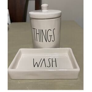 Rae Dunn 2 Pieces Ceramic Bathroom‎ Set Dish Wash Plate And Things Jar With Lid